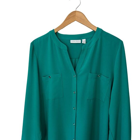 Susan Graver Button Up Shirt Roll Tab Sleeve Green Top Womens Size 14 V Neck - Picture 5 of 7